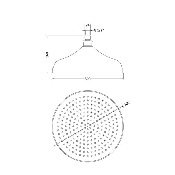 Bayswater Apron Traditional Round Fixed Chrome Shower Head - 1 Spray Mode - 300 x 300mm