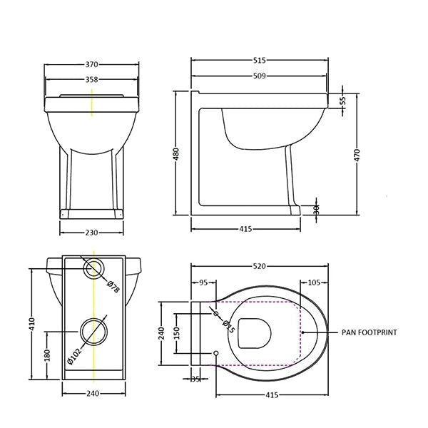 Traditional white back to wall WC pan by Tuskan Tiles, 370x520mm, with comfort height and classic design.