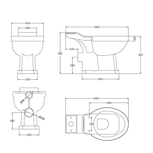 White Tuskan Tiles Bayswater Fitzroy traditional closed coupled WC pan, 353x690mm, with smooth ceramic surface.