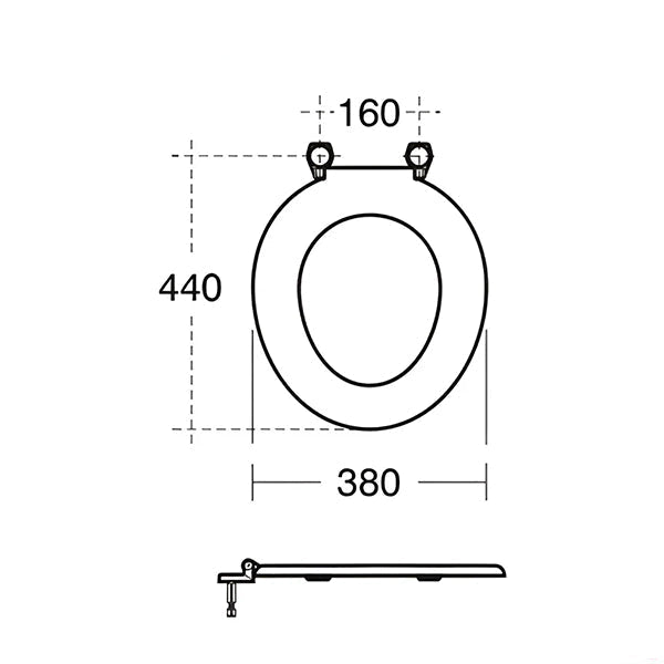 White Armitage Shanks Bakasan toilet seat with plastic hinges, measuring 380x440mm, designed for easy installation and comfort.