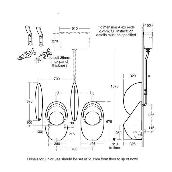 Armitage Shanks Contour Concealed Urinal with Rimless HygenIQ Bowl - 405 x 325 x 675mm