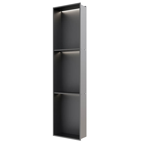 Recessed niche with two shelves and LED lighting, 305 x 1210mm, by Tuskan Tiles, for bathroom or shower wall installation.