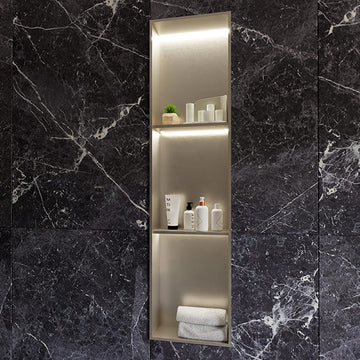 Recessed niche with two shelves and LED lighting by Tuskan Tiles, measuring 305 x 1210mm, featuring modern design and sleek finish.