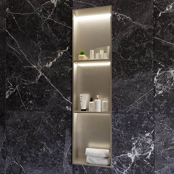 Recessed niche with two shelves and LED lighting by Tuskan Tiles, measuring 305 x 1210mm, featuring modern design and sleek finish.