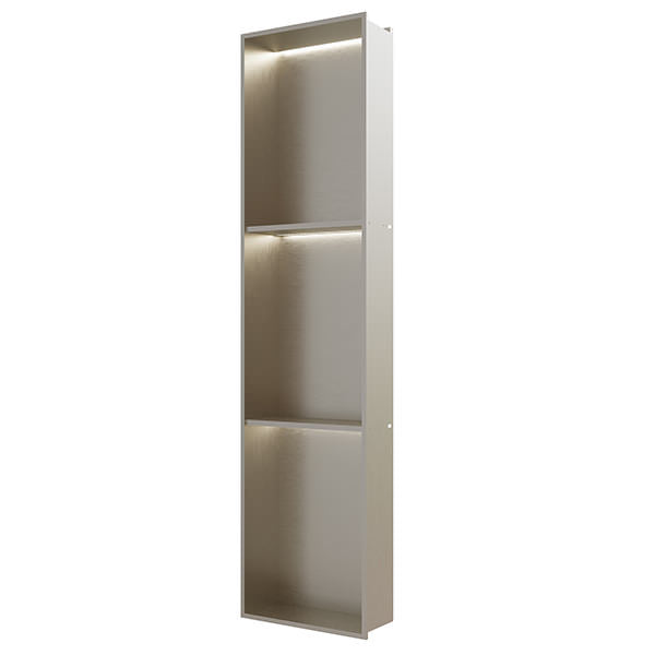 Recessed niche with 2 shelves and LED lighting, Tuskan Tiles RAK INGOT model, 305x1210mm, installed in bathroom wall.