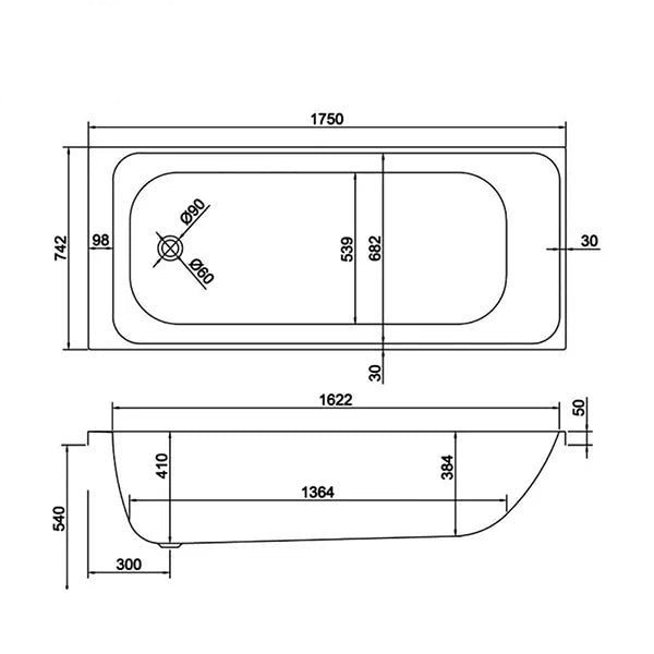 Carron Profile 5mm Acrylic High-Quality Single Ended Bath 1750 x 750mm