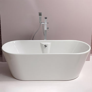 Double-ended freestanding bathtub by Tuskan Tiles, resin bond fibreglass construction, 1700x690mm, shown from side angle.