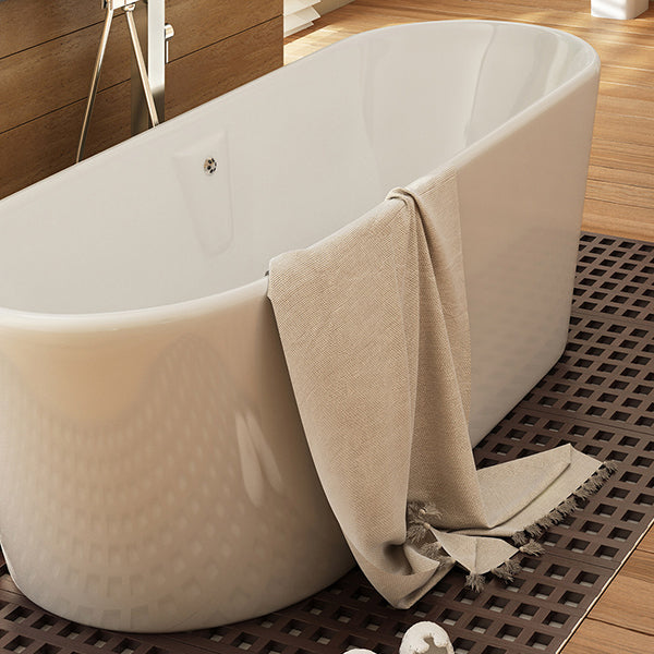 Tuskan Tiles Imex Essence double-ended freestanding resin and fiberglass bath, 1700x690mm, shown from side view.