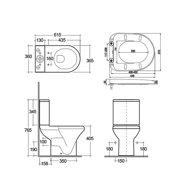 White Tuskan Tiles RAK Compact Full Access close coupled WC pack with urea soft close seat, measuring 365x615mm.