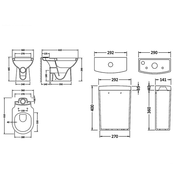 Nuie Provost compact close coupled WC pan with open back and cistern, measuring 360x610mm, shown in a bathroom setting