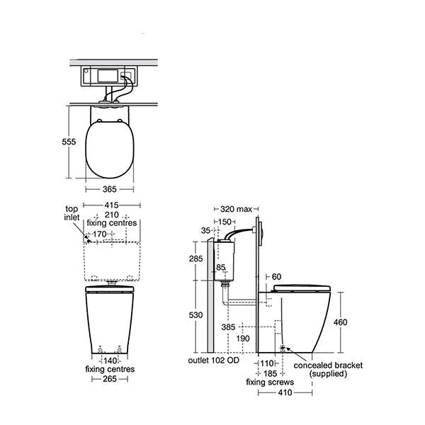 Ideal Standard Concept Freedom white back-to-wall WC pan with raised height, 365x555mm, shown in a modern bathroom setting