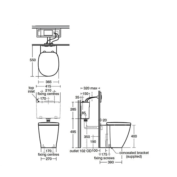 Contemporary white back-to-wall WC pan by Ideal Standard Concept, 365x550mm, installed on a bathroom floor.