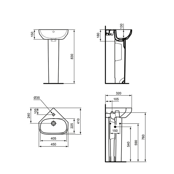 Ideal Standard I-Life A 1 Taphole Corner Handrinse Basin 450mm
