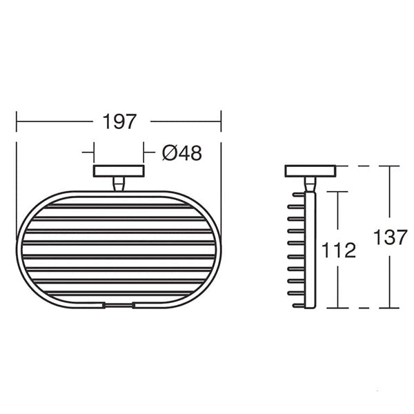 Chrome wall-mounted soap basket by Ideal Standard IOM, measuring 197x137mm, shown mounted on a bathroom wall.
