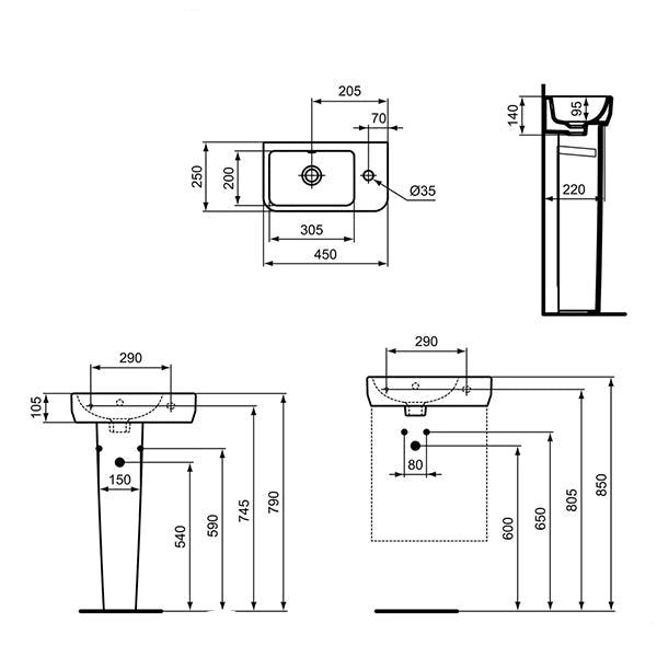 Ideal Standard I-Life S 450mm Right Hand 1 Taphole Guest Washbasin