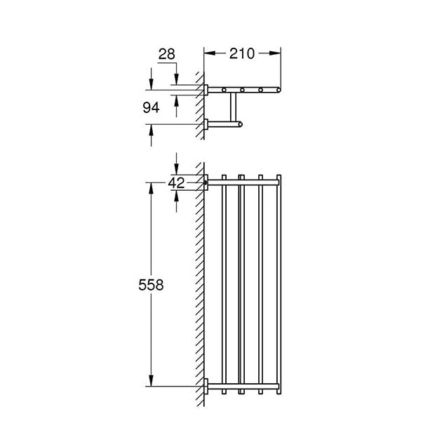 Chrome Grohe Essentials Cube multi towel rack with three bars, mounted on a wall, designed for bathroom use.