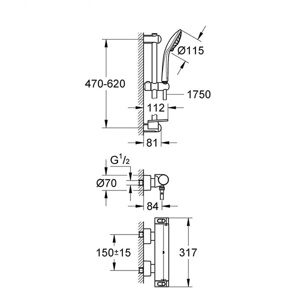 Grohe Grohtherm-2000 Exposed Chrome Thermostatic Bar Valve with Slide Rail Kit