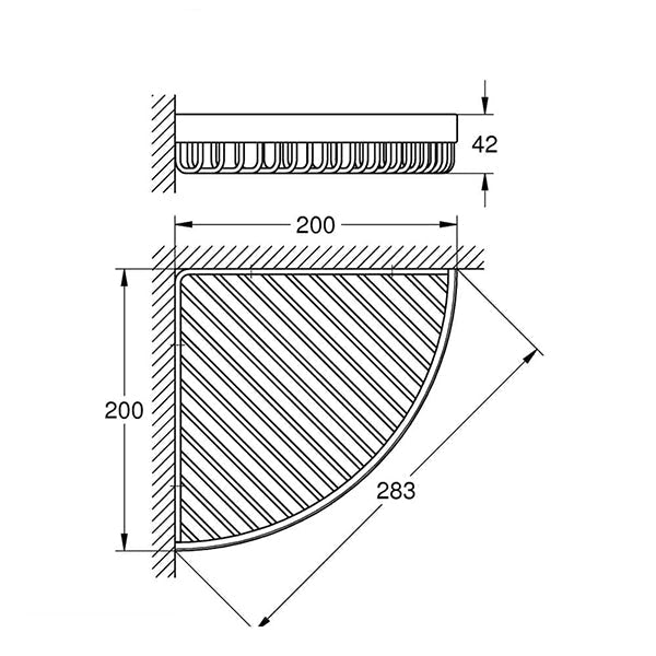 Chrome-plated Grohe Selection Cube wire corner basket, 283 x 42mm, for bathroom storage, shown in a modern shower setting.