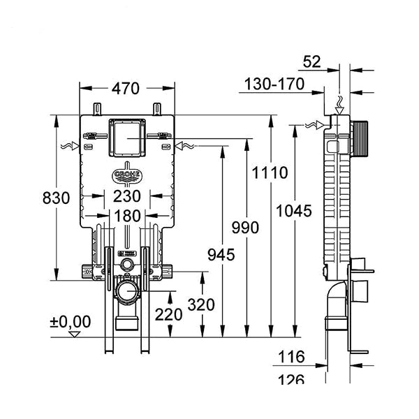 Grohe Uniset For WC Flushing Cistern - Adjustable Depth - 470 x 1110mm