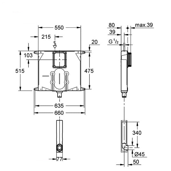 Grohe pneumatic dual flush cistern with adjustable 3 and 6 liters, 660mm wide, for modern bathroom installations