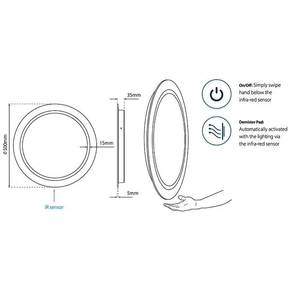 Sensio Aria Round Diffused LED Borderlit Illuminated Mirror with Demister Pad - 500 x 500mm