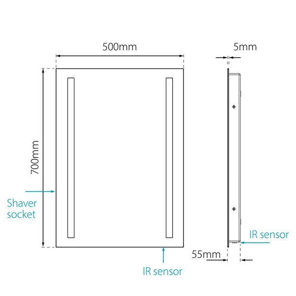 Sensio Kai Plus Slimline Rectangular Diffused Frontlit LED Mirror with Shaver Socket - 500 x 700mm