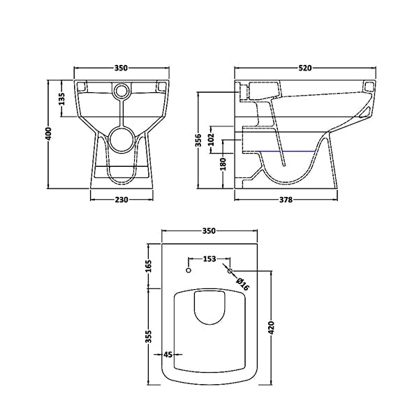 Nuie Bliss white back-to-wall floorstanding WC pan with 350x520mm dimensions, designed for modern bathroom installations.