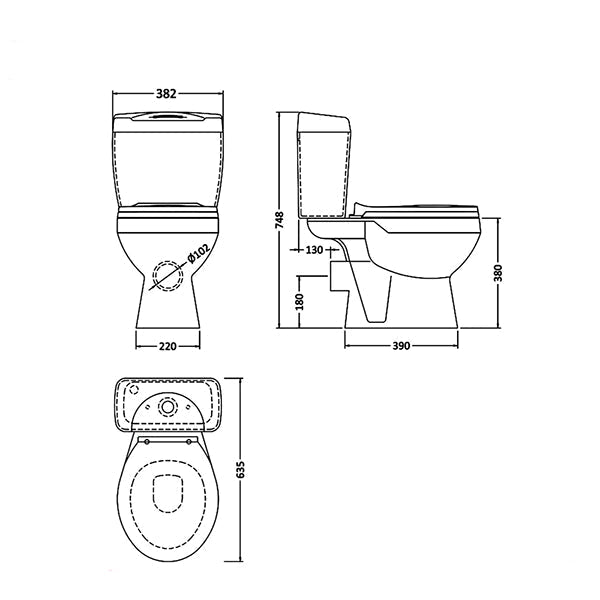 Nuie Melbourne white close-coupled toilet with seat and cistern, open back design, measuring 382 x 635mm.