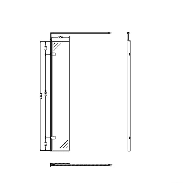 Nuie Tuskan Tiles frameless wetroom hinged return panel with aluminium profile, reversible, 300x1850mm, for shower enclosure.