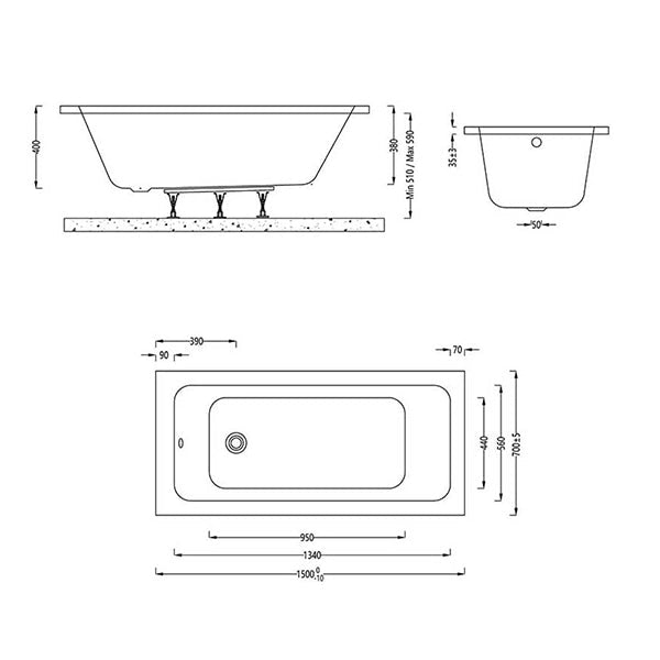 IMEX Quadro 1500 x 700mm Corner White Single Ended Bath