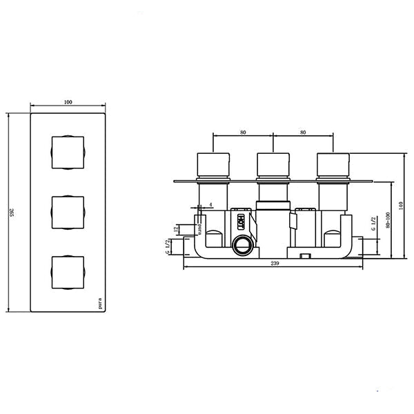 Imex Bloque2 Chrome Concealed Thermostatic Shower Valve - Rectangular Trim - 3 Control