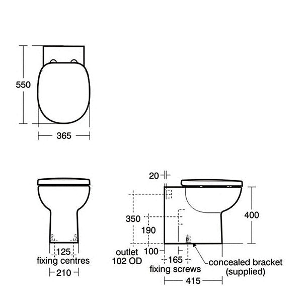White back to wall WC pan by Ideal Standard Studio, 365x550mm, sleek design for modern bathroom installations.