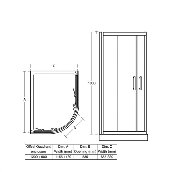 Ideal Standard Synergy sliding offset quadrant shower enclosure with two doors, 1200x900mm, in a modern bathroom setting