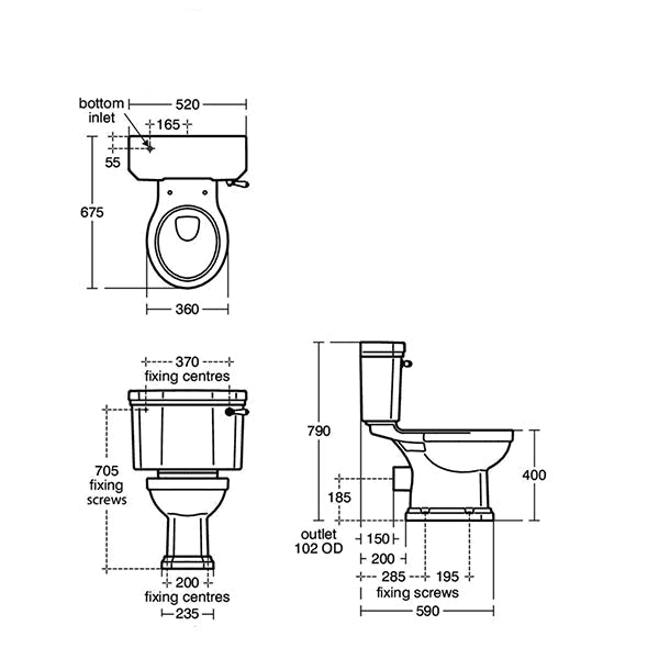 Close coupled traditional toilet with cistern, white ceramic finish, ideal for classic bathrooms, 520x675mm size.