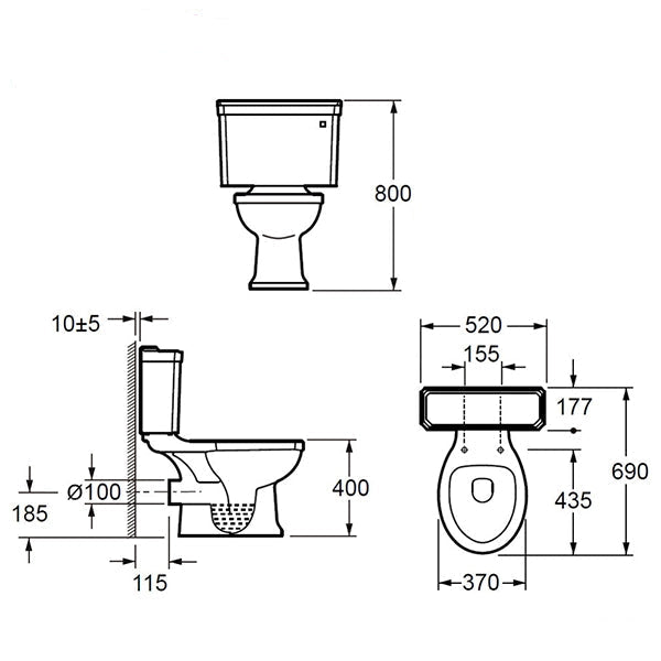 White close-coupled traditional WC pan with cistern, open back design, 520x690mm, by Tuskan Tiles.
