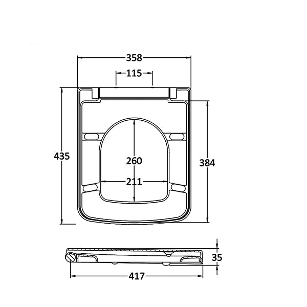 Nuie Square soft close toilet seat and cover, top fix design, in white, measuring 358x435mm, from Tuskan Tiles.