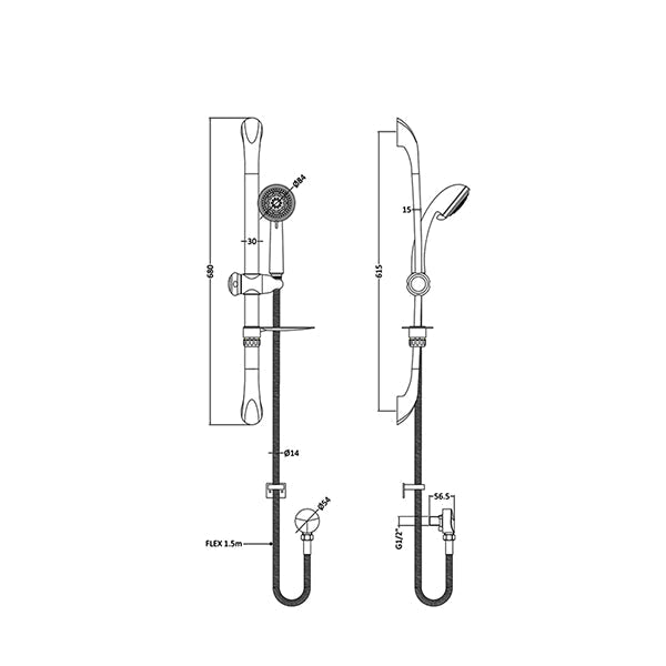 Nuie Luxury Chrome Slide Rail Kit with Multi Function Handset and Elbow - 680mm High