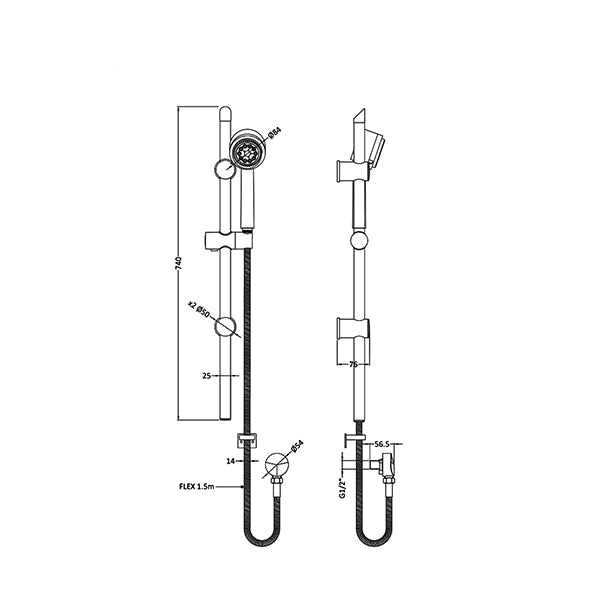 Nuie Chrome Slide Rail Kit with Round Handset - Adjustable Bracket - 740mm High