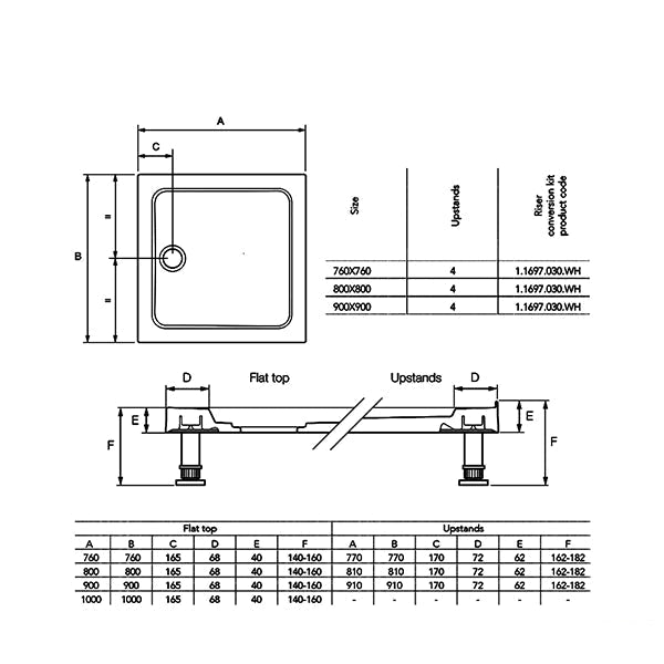 Mira Flight Low Profile White Square Shower Tray with Waste - 4 Up-Stand - ABS Acrylic-Capped