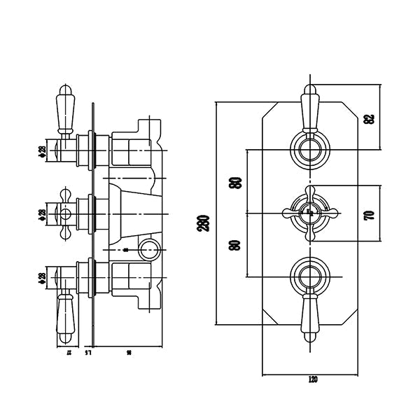 Hudson Reed Topaz Traditional Recessed Thermostatic Shower Valve - Rectangular Trim - 3 Control