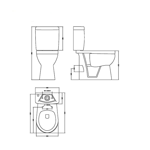 White Nuie Doc-M comfort height toilet with cistern and seat, measuring 360x650mm, displayed in a bathroom setting.