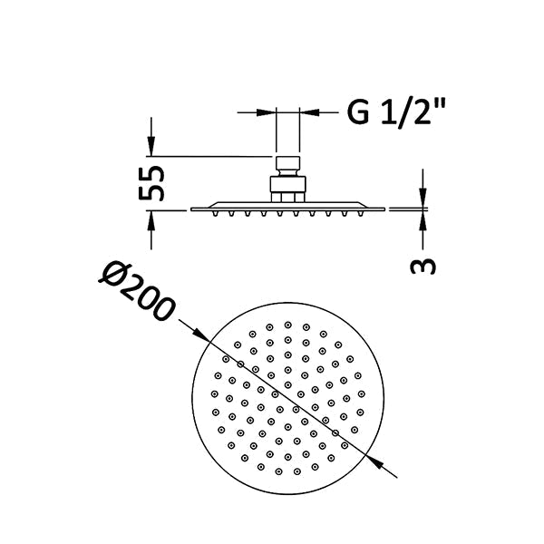 Nuie Arvan Round Fixed Shower Head - Single Spray Mode - Stainless Steel - 200 x 200mm
