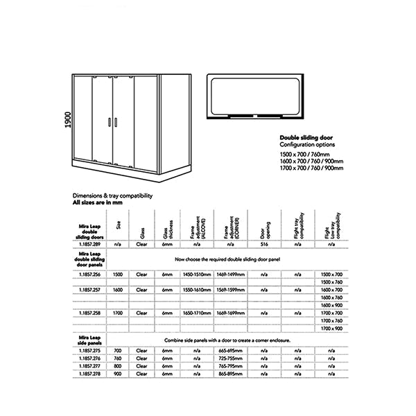 Mira Leap 2 Door Sliding Shower Enclosure with Panels and Handles - Silver Frame
