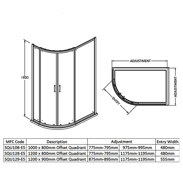 Nuie Ella reversible offset quadrant shower enclosure with aluminium frame, handles, 1850mm height, shown in the image.