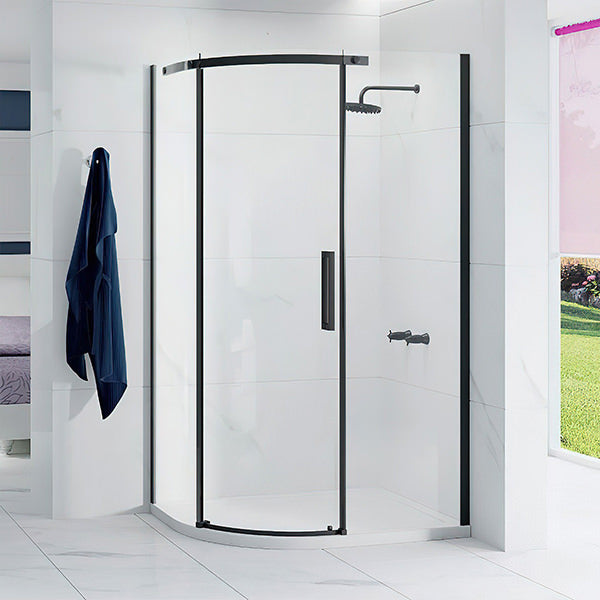 Frameless black Tuskan Tiles Merlyn Ionic Essence quadrant shower enclosure with offset design, 1200x900mm size, clear glass panels.