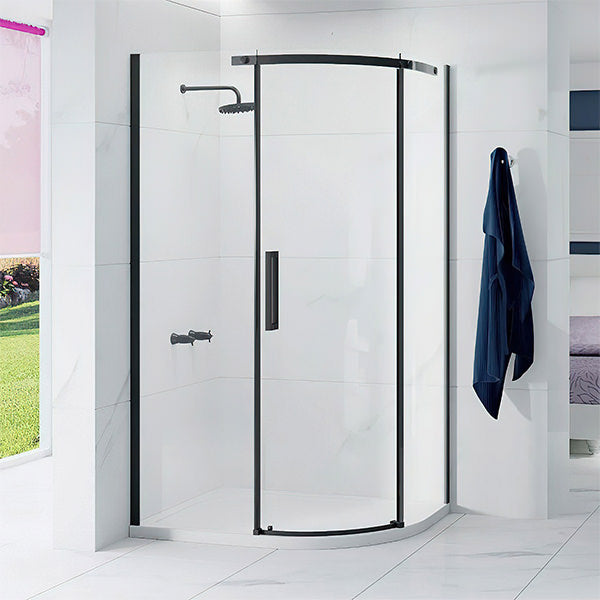 Frameless black Merlyn Ionic Essence quadrant shower enclosure with offset design, 1200x900mm, installed in modern bathroom