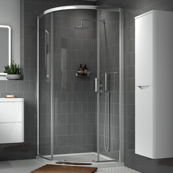 Nuie Lucie sliding shower enclosure with aluminium frame, 900x900mm, showcasing the quadrant design and sleek glass panels.
