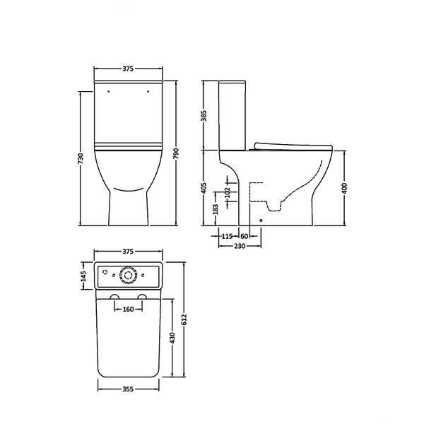Nuie Ava closed coupled rimless toilet with cistern and soft-close seat, 375x610mm, in white ceramic.