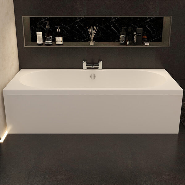 White reinforced acrylic front panel for IMEX Quadro Straight Bath by Tuskan Tiles, shown with smooth, clean finish.