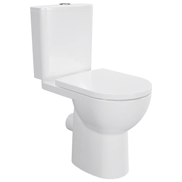 Imex Ivan rimless close-coupled WC pan with open back, cistern, and soft-close seat in a modern bathroom setting.